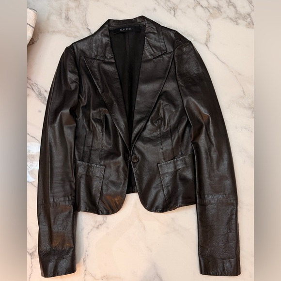 Gucci by Tom Ford Black Leather Tailored Blazer Jacket 38 featherweight